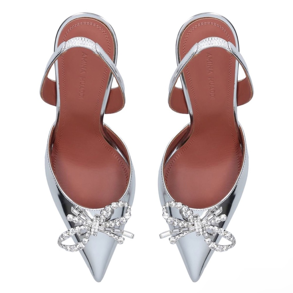 Amina Muaddi Rosie metallic crystal bow slingback pumps